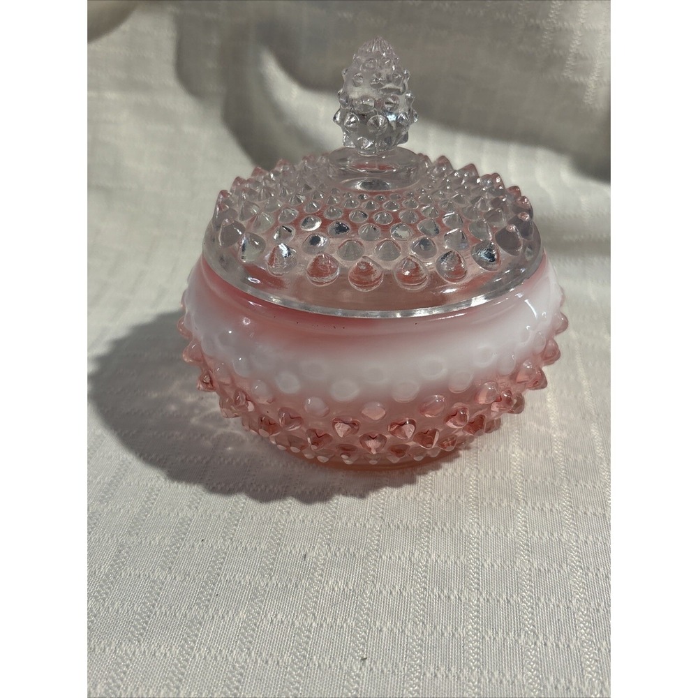 Vintage Fenton Opalescent Cranberry Hobnail Vanity Dresser Powder Box